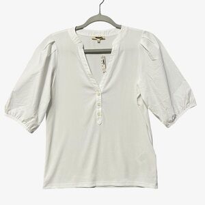 Madewell Puff Sleeve Henley Rib Knit Top Size Medium NWT White Fitted Modal